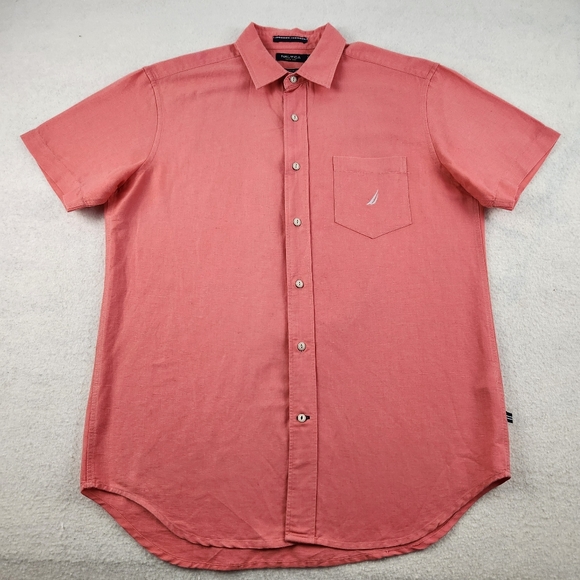 Nautica Classic Fit Mens Size Medium Coral Orange Shirt Sleeve Linen Blend Shirt - Picture 1 of 9